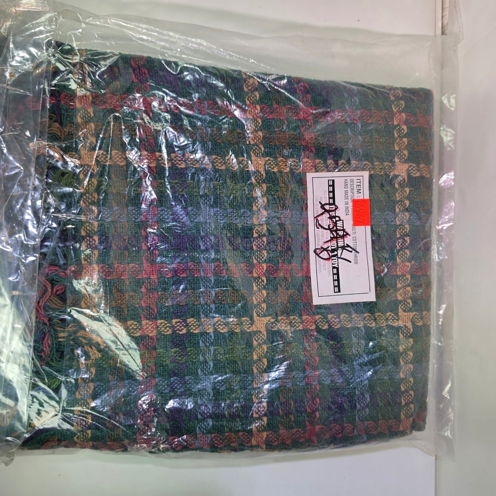 Vintage Plaid Woven Cotton Throw Blanket Fringe Multi Green Red India NOS